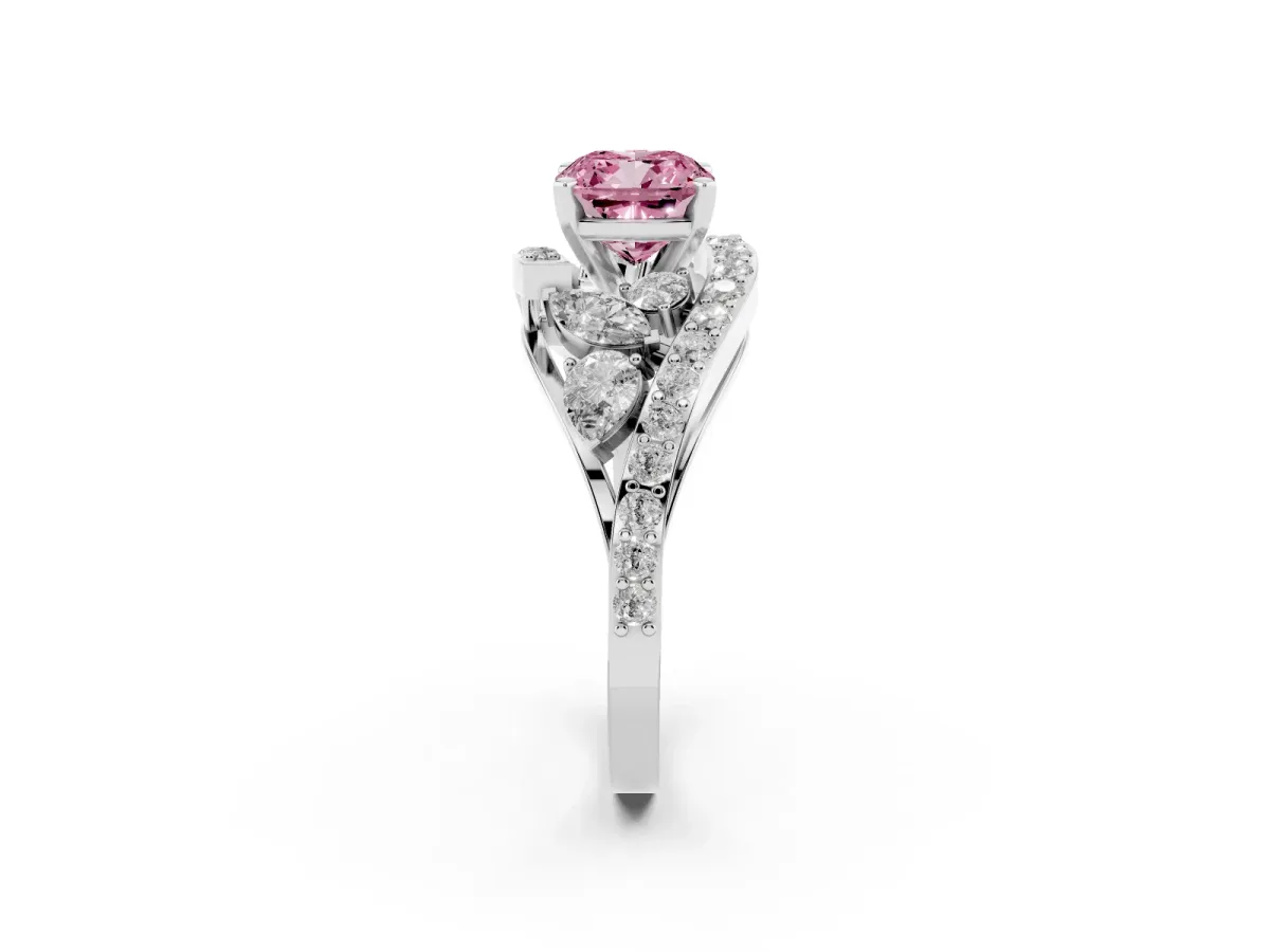 Fancy Pink Cushion Cut Diamond Halo Ring with Marquise and Pavé Band in Prong Setting Platinum