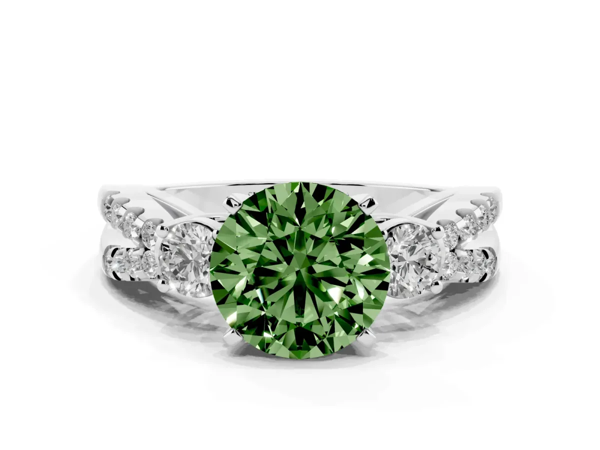 Fancy Green Round Cut Diamond Three-Stone Ring with Pavé Split Shank and Four-Prong Setting White gold