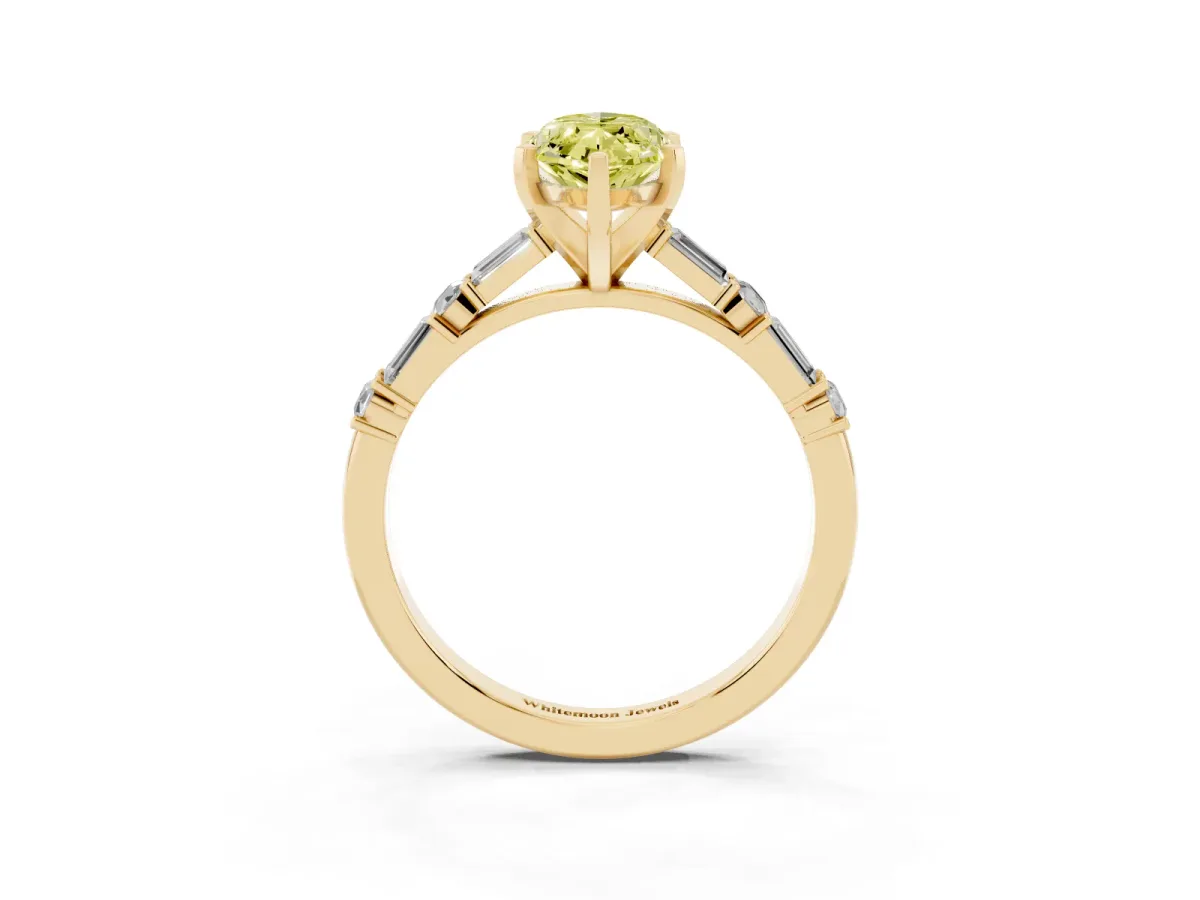 Fancy Yellow Marquise Cut Diamond Solitaire with Side Baguettes and Channel Set Band Yellow gold