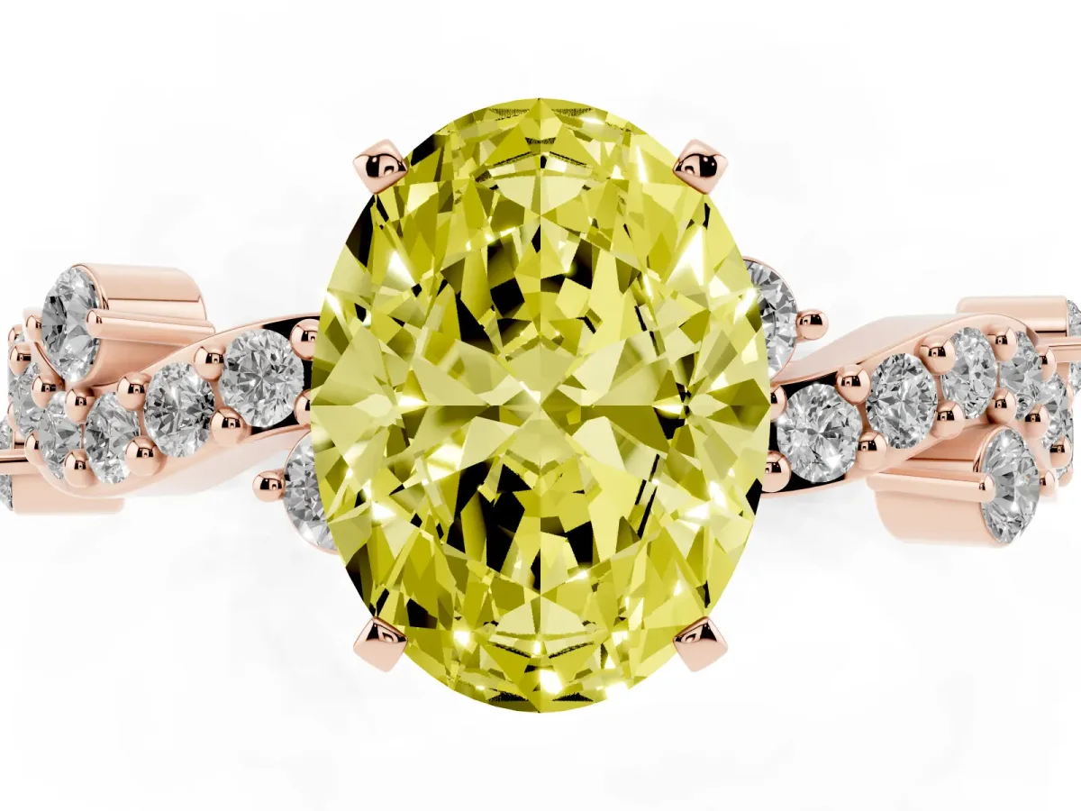 Fancy Yellow Oval Cut Cut Solitaire Diamond Twisted Band with Pave Setting Rose gold