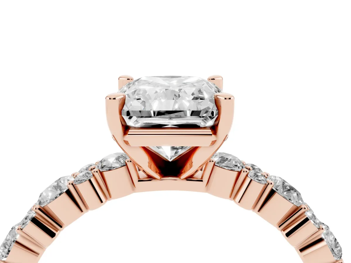 Radiant Cut Diamond Side Stone Solitaire Ring with Round and Four-Prong Setting Rose gold