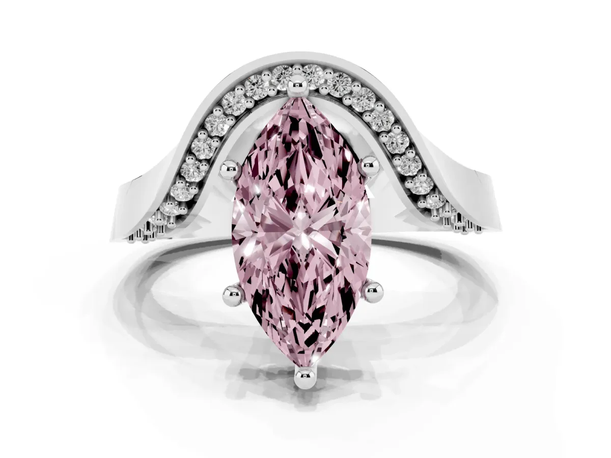 Fancy Pink Marquise Cut Solitaire Diamond Engagement Ring with Pave Band and Four-Prong Setting White gold