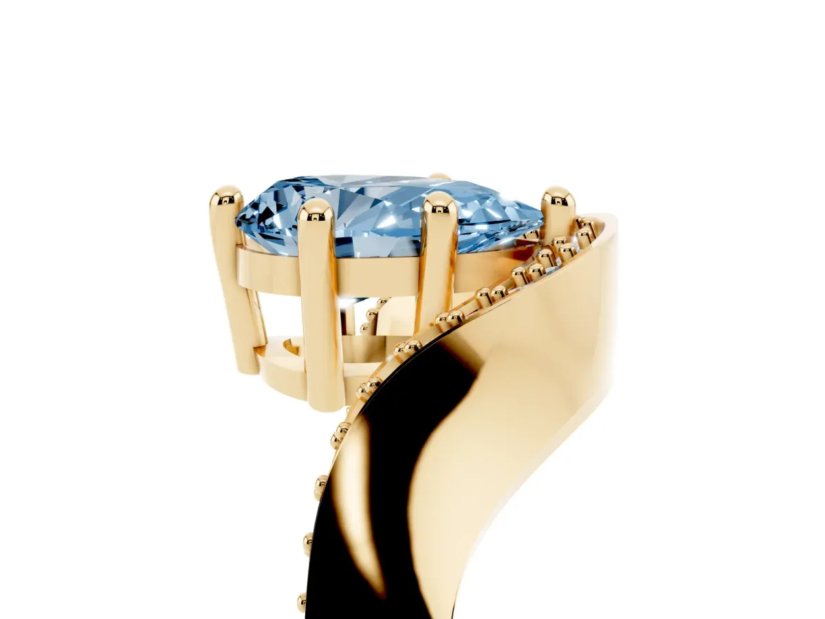 Fancy Blue Pear Cut Solitaire Diamond Engagement Ring with Pave Band and Four-Prong Setting Yellow gold