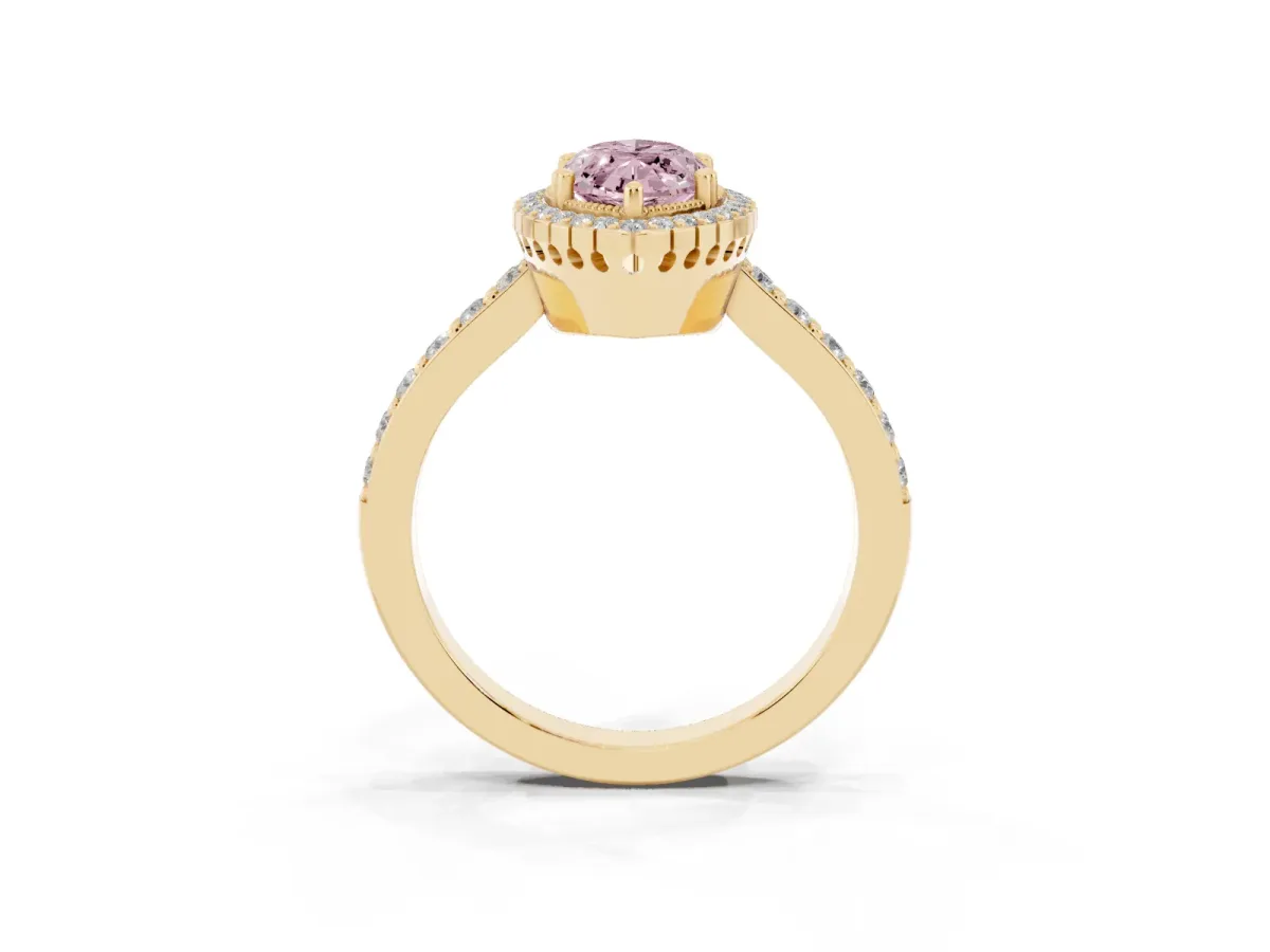 Fancy Pink Marquise Cut Cut Diamond Halo Engagement Ring with Milgrain Detail and Pavé Band Yellow gold