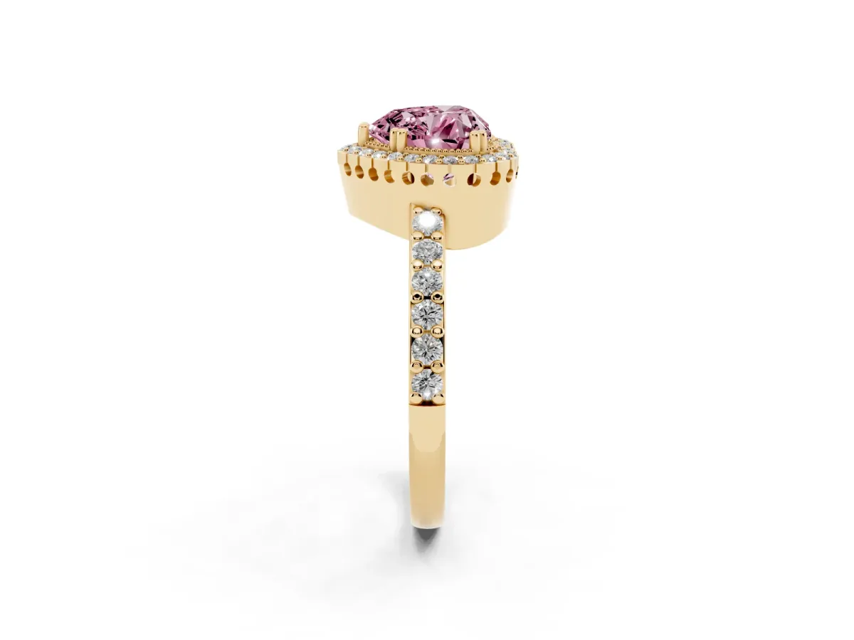 Fancy Pink Heart Cut Cut Diamond Halo Engagement Ring with Milgrain Detail and Pavé Band Yellow gold