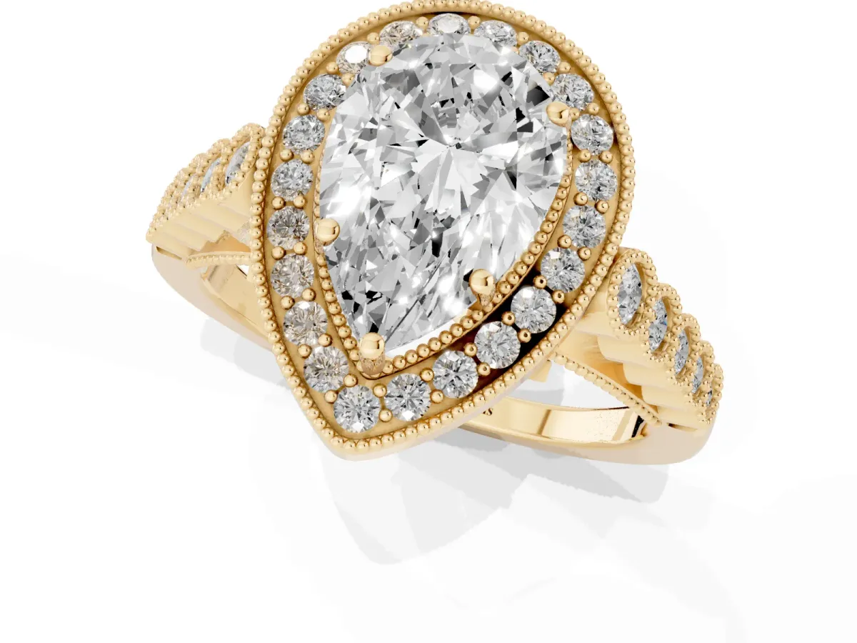 Pear Cut Halo Milgrain Solitaire with Bezel Set Side Stones and Pave Band Yellow gold