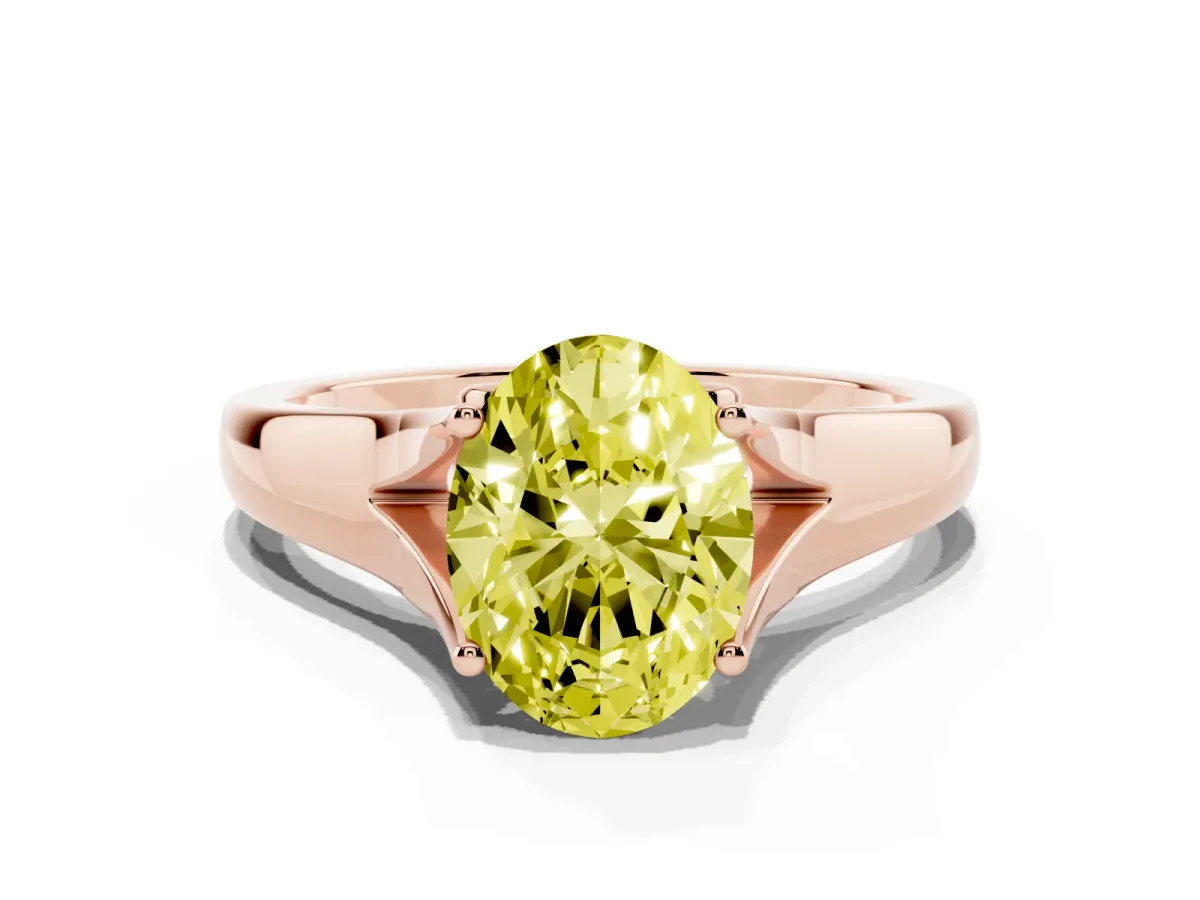 Fancy Yellow Oval Cut Solitaire Diamond Ring with Cathedral Band and Four-Prong Setting Rose gold