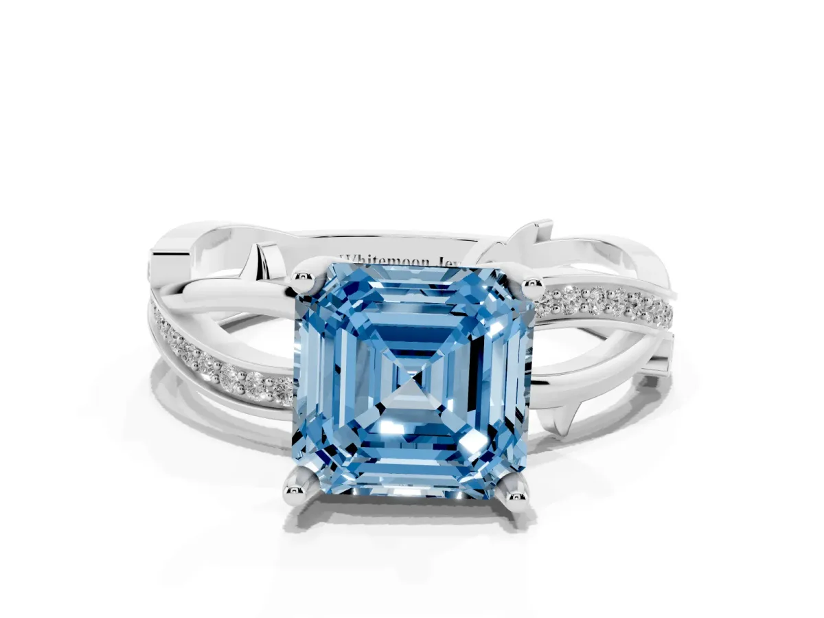 Fancy Blue Asscher Cut Solitaire Twist Band with Pavé Accents and Four-Prong Setting White gold