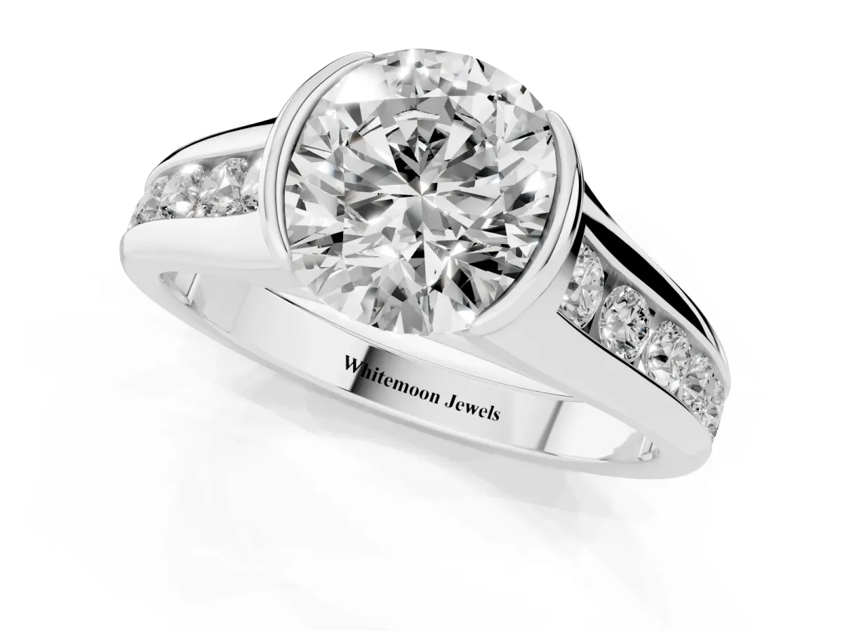 Round Cut Solitaire Bezel-Set Diamond Ring with Channel-Set Band Platinum