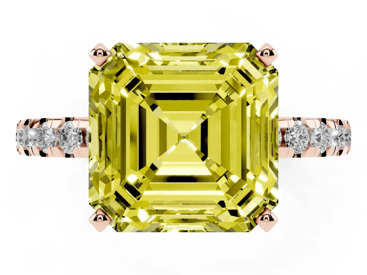 Fancy Yellow Asscher Cut Diamond Solitaire Ring with Round Pavé Band and Four-Prong Setting Rose gold