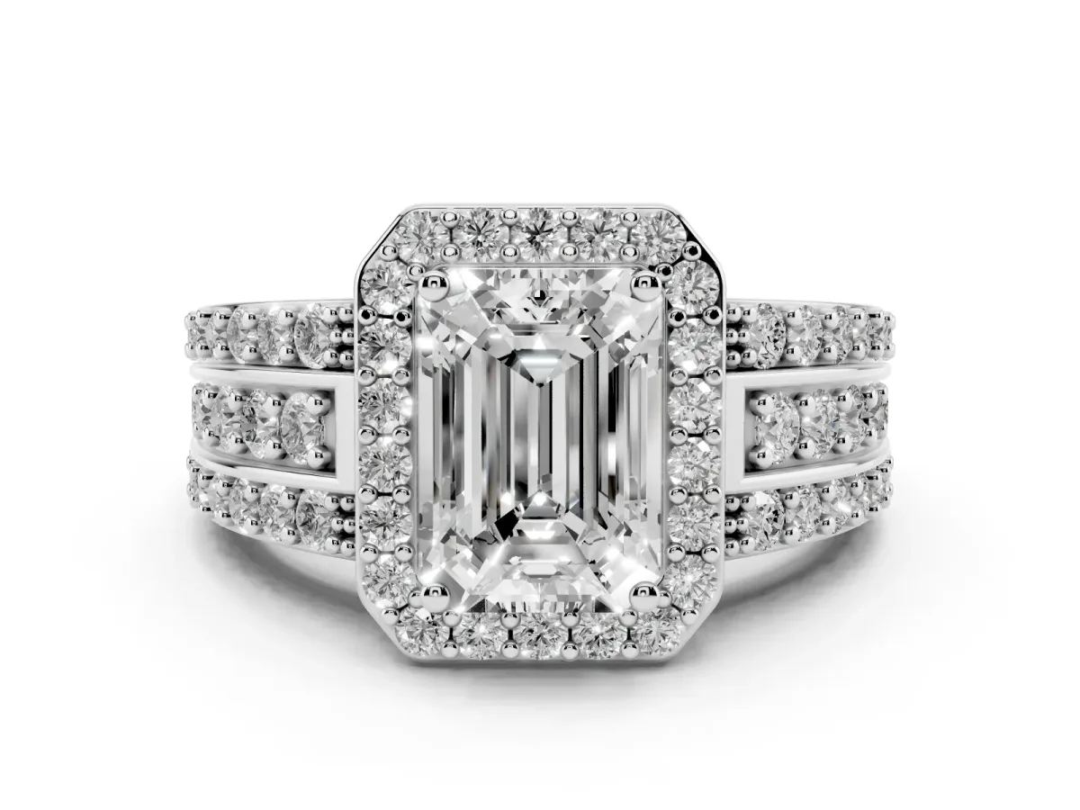 Emerald Cut Halo Diamond Ring with Round Split Shank and Prong Setting Silver