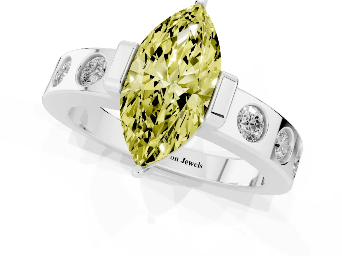 Fancy Yellow Marquise Cut Brilliant Channel-Set Diamond Ring with Bezel Prong Setting Silver