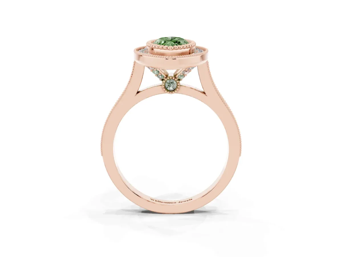 Fancy Green Marquise Cut Diamond Halo Ring with Milgrain Frame and Pavé Band Rose gold