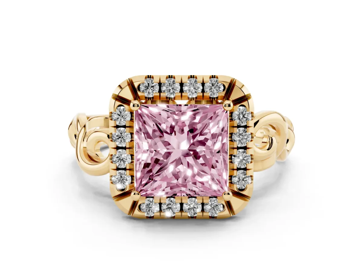 Fancy Pink Princess Cut Cut Halo Diamond Ring with Scrollwork Band and Four-Prong Setting Yellow gold