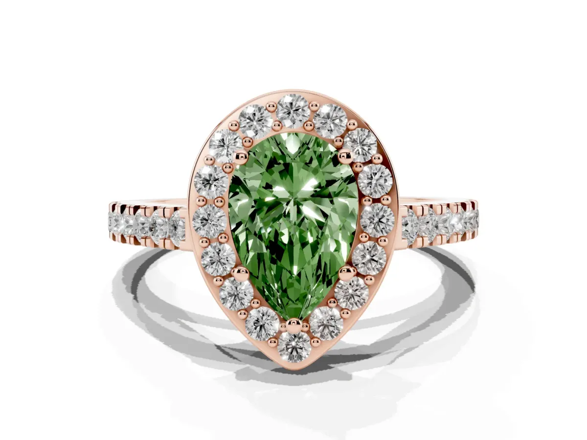 Fancy Green Pear Cut Diamond Halo Ring with Round Pavé Split Shank and Prong Setting Rose gold
