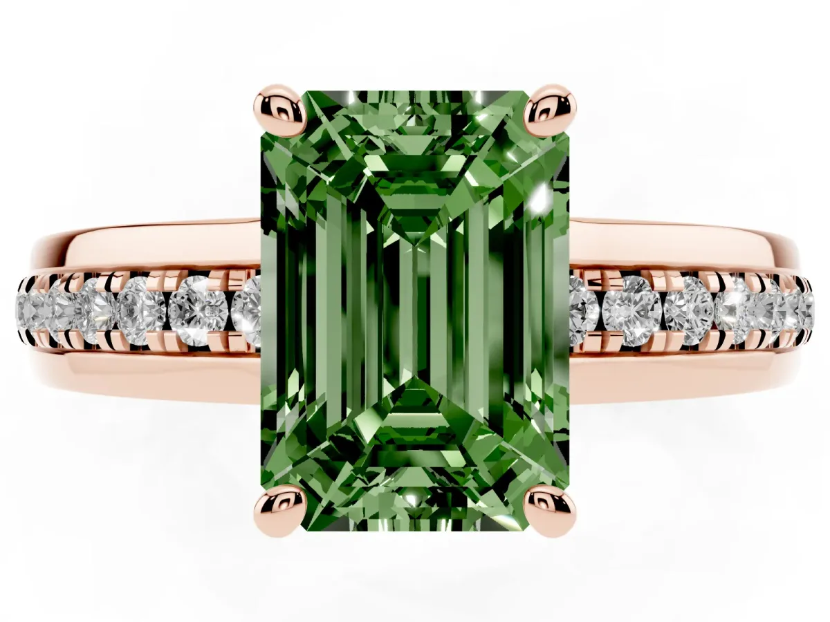 Fancy Green Emerald Cut Solitaire Diamond Ring with Channel Set Band and Six-Prong Setting Rose gold