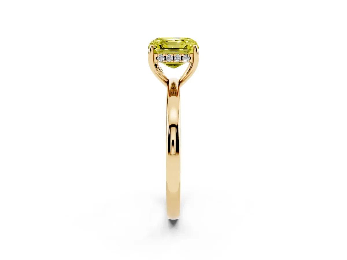 Fancy Yellow Asscher Cut Solitaire Diamond Ring with Prong Setting and Plain Band Yellow gold