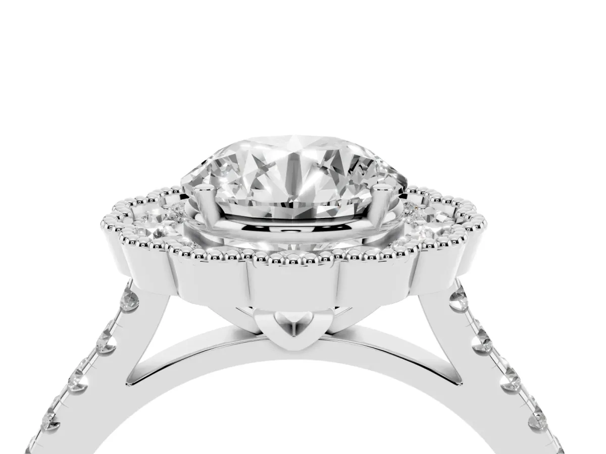 Round Cut Cut Diamond Milgrain Floral Halo Engagement Ring with Pavé Band White gold