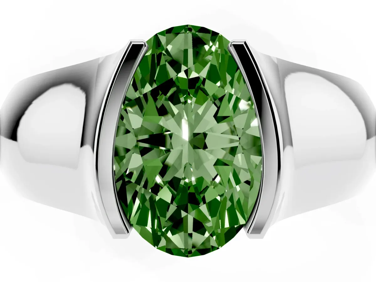 Fancy Green Oval Cut Solitaire Bezel Set Diamond Ring with Wide Band Platinum