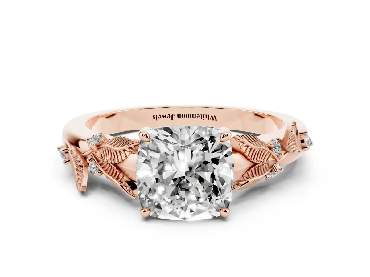 Cushion Cut Diamond Solitaire Ring with Leaf Motif Band and Four-Prong Setting Rose gold