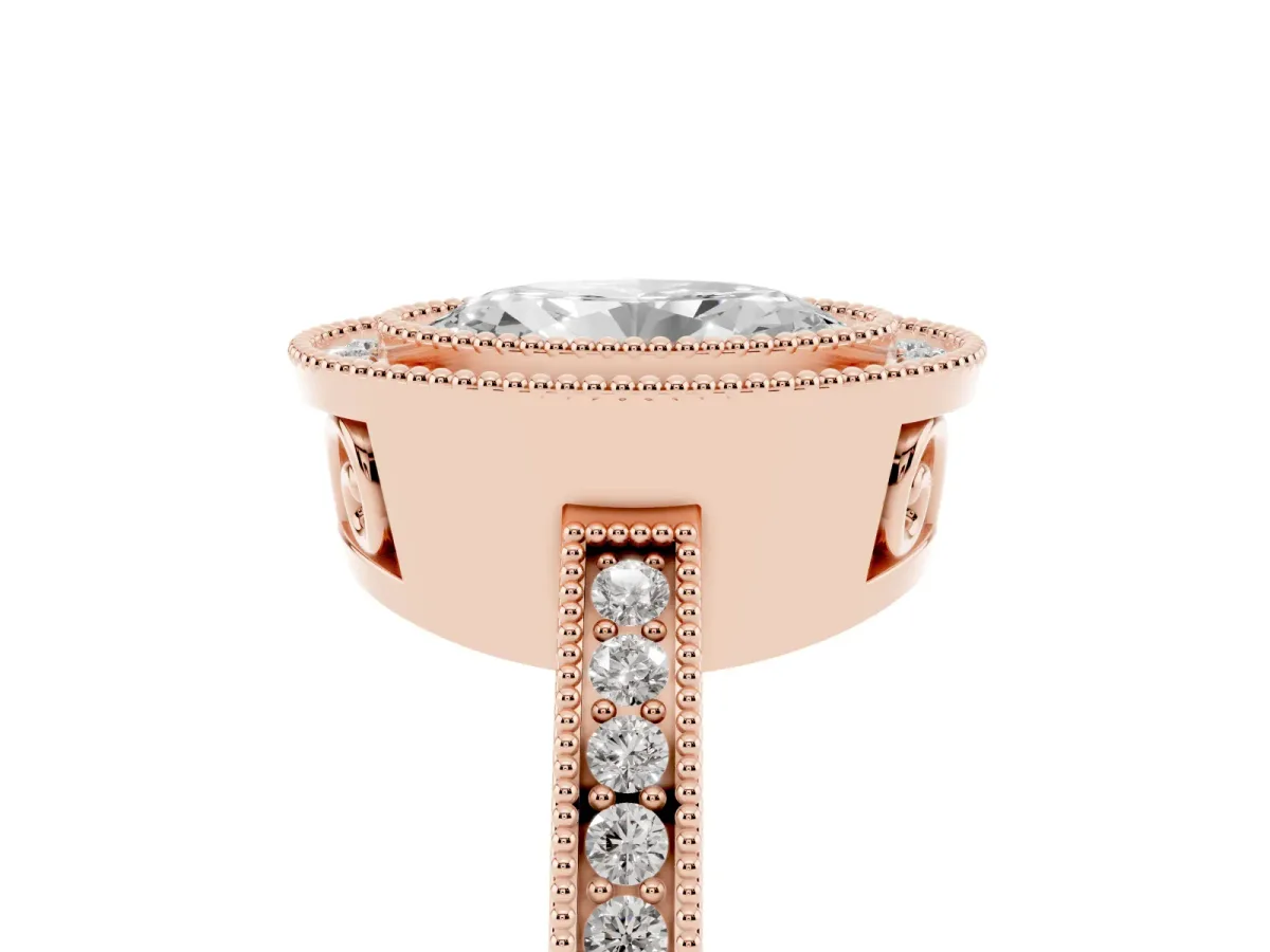 Oval Cut Cut Halo Diamond Ring with Pavé Band and Milgrain Prong Setting Rose gold