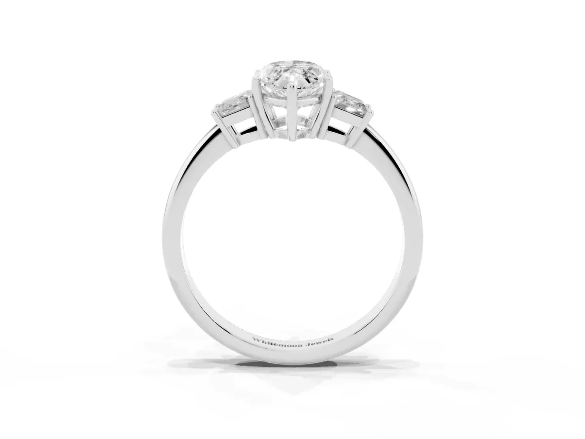 Marquise Cut Diamond Three-Stone Ring with Trapezoid Side Stones and Prong Setting White gold