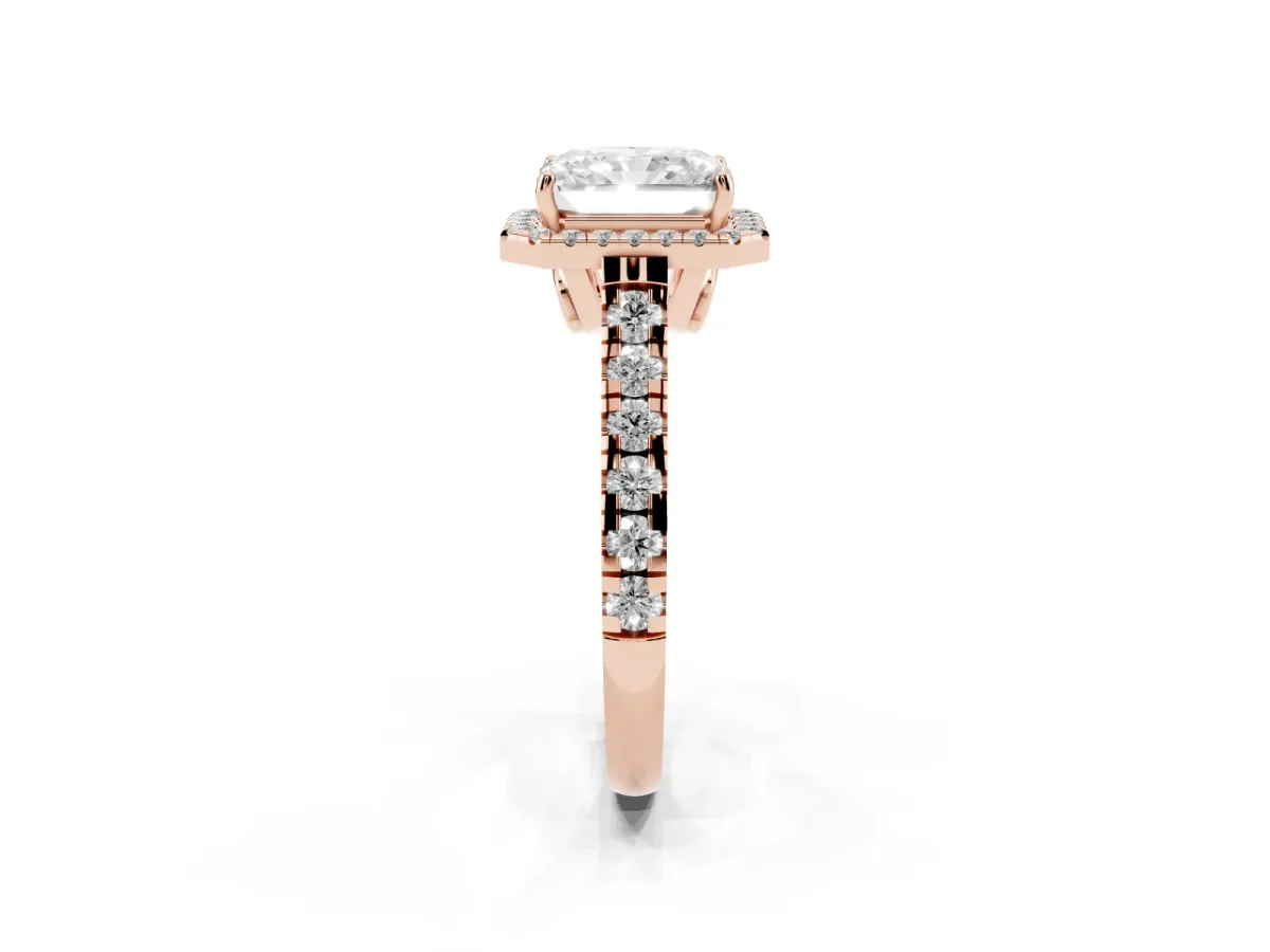 Radiant Cut Halo Pavé Diamond Engagement Ring with Four-Prong Setting Rose gold