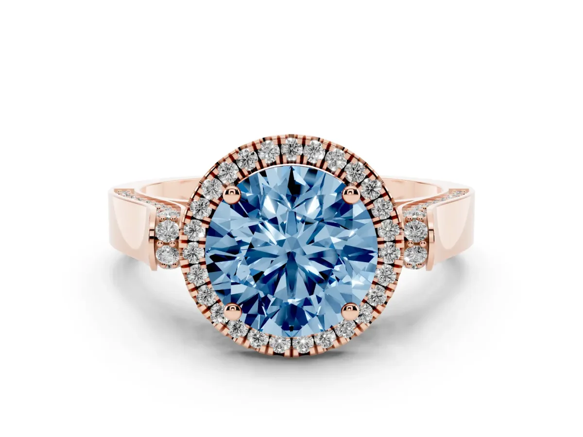 Fancy Blue Round Cut Halo Round Diamond Twist Band with Four-Prong Setting Rose gold