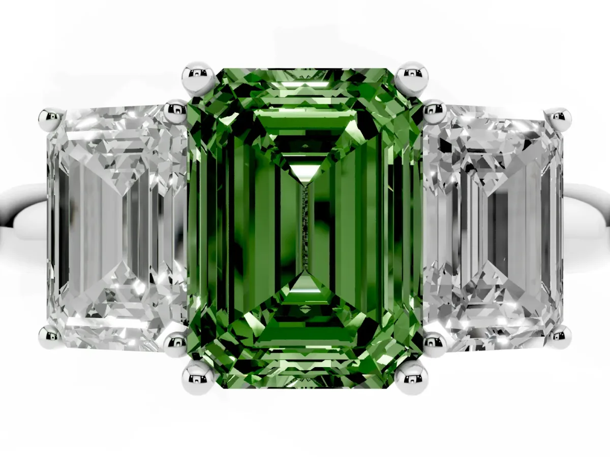 Fancy Green Three-Stone Emerald Cut Cut Diamond Engagement Ring with Prong Setting on a White Gold Band White gold