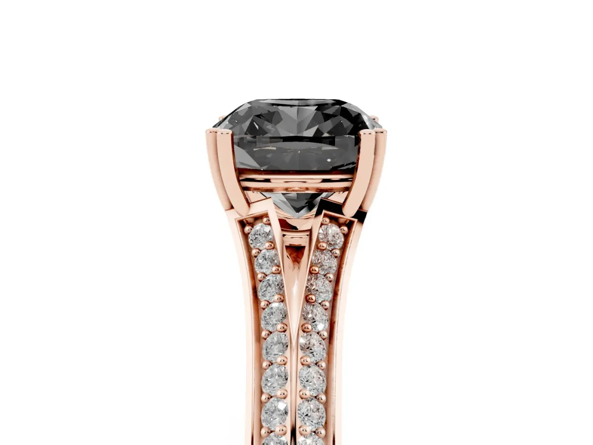 Fancy Black Cushion Cut Diamond Split Shank Engagement Ring with Pavé Band Rose gold