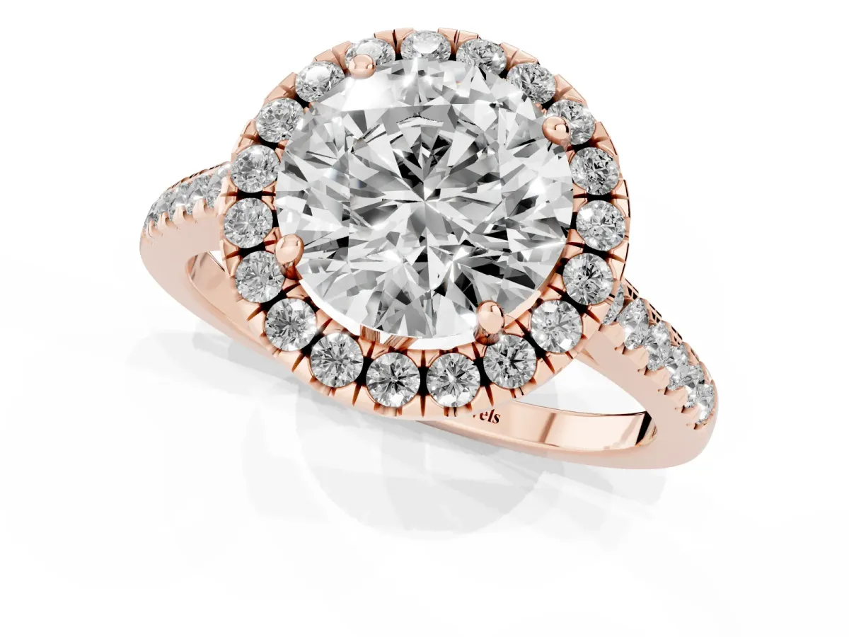 Round Cut Halo Pavé Diamond Engagement Ring with Four-Prong Setting Rose gold