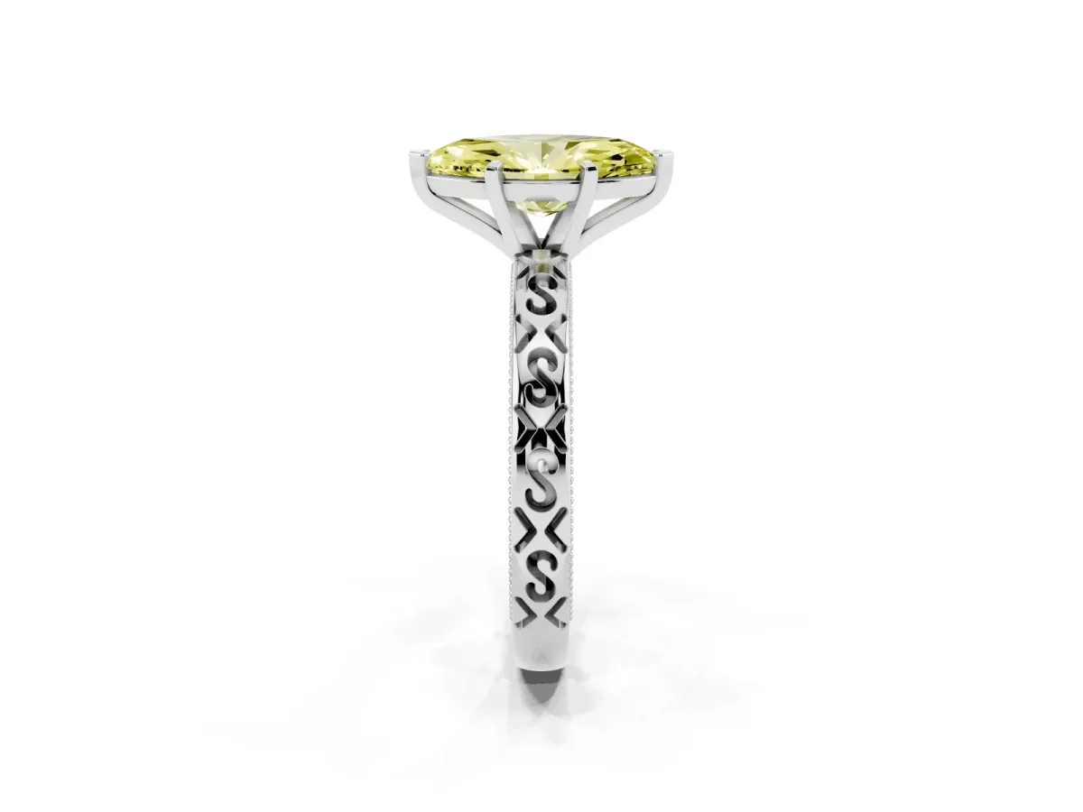 Fancy Yellow Marquise Cut Solitaire Engagement Ring with Scrollwork Band and Four-Prong Setting Platinum