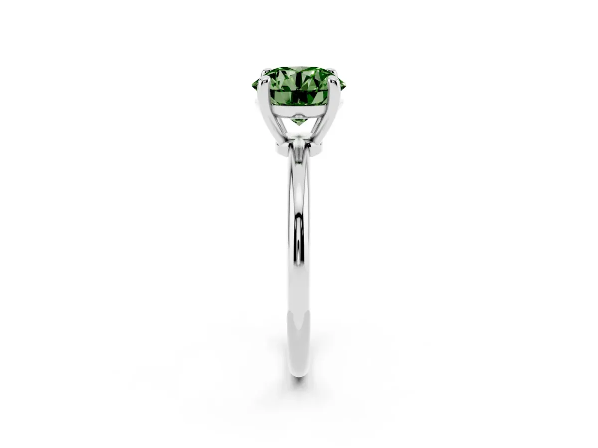 Fancy Green Round Cut Solitaire Diamond Ring with 4-Prong Setting on a Classic Band Silver