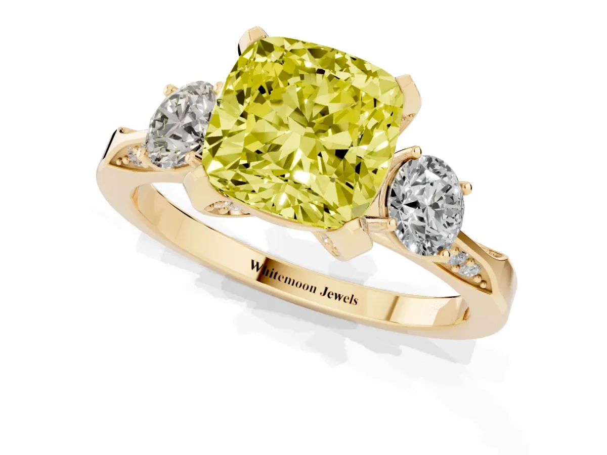 Fancy Yellow Cushion Cut Brilliant Three-Stone Diamond Ring with Pavé Band and Four-Prong Setting Yellow gold