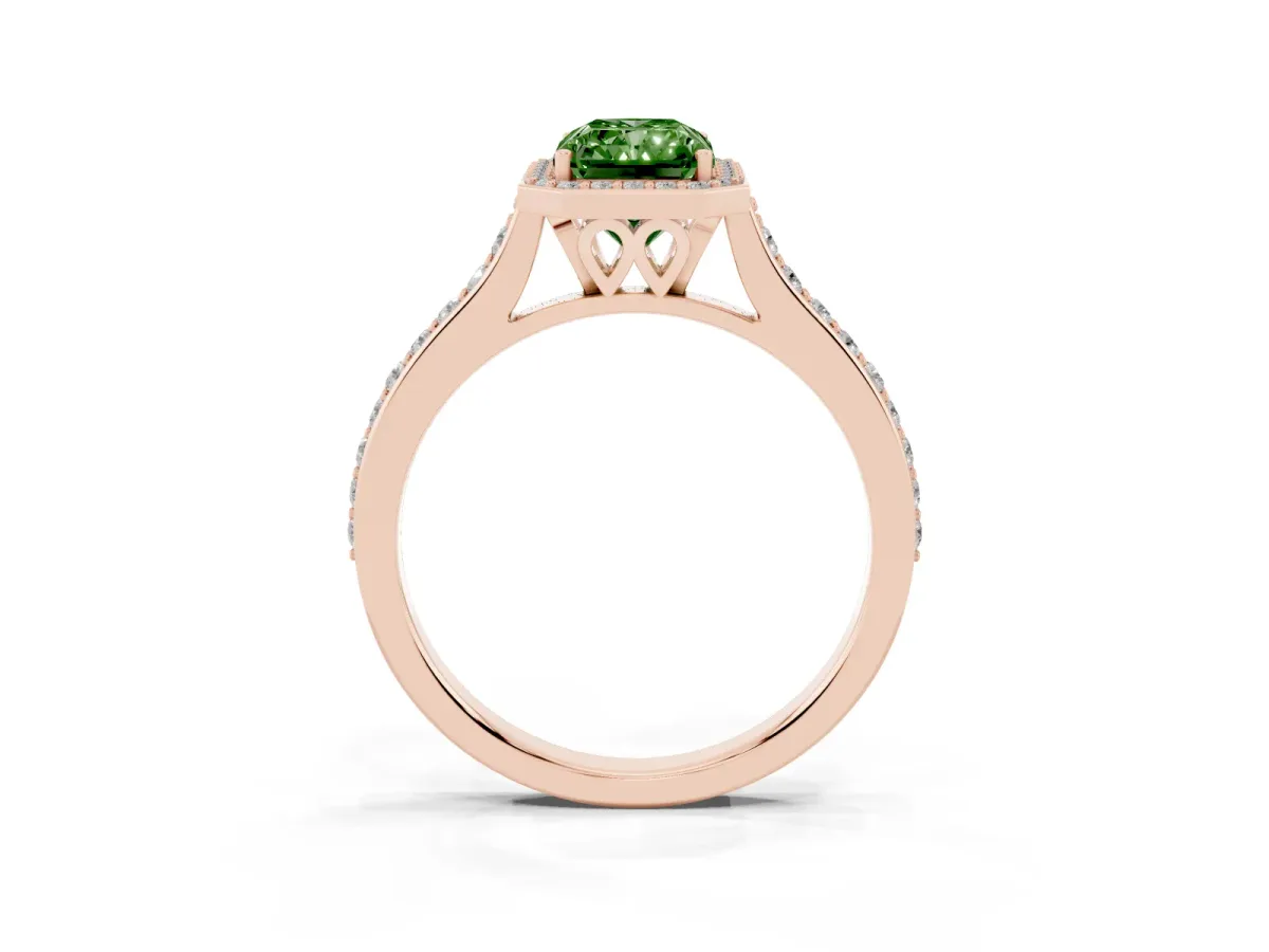 Fancy Green Radiant Cut Diamond Halo Engagement Ring with Round Pavé Shoulders and Prong Setting Rose gold