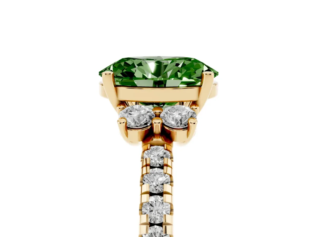 Fancy Green Oval Cut Diamond Three-Stone Pave Band with Four-Prong Setting Yellow gold