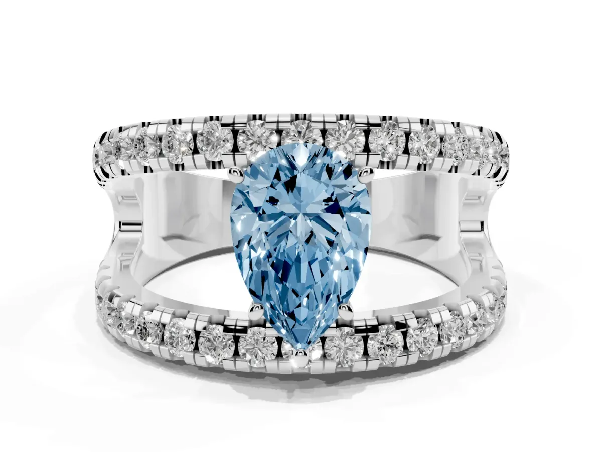 Fancy Blue Pear Cut Solitaire Split Shank Pave Diamond Ring Platinum
