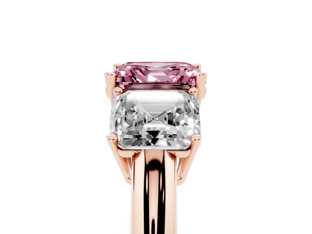 Fancy Pink Three-Stone Asscher Cut Cut Diamond Engagement Ring with Prong Setting on a White Gold Band Rose gold