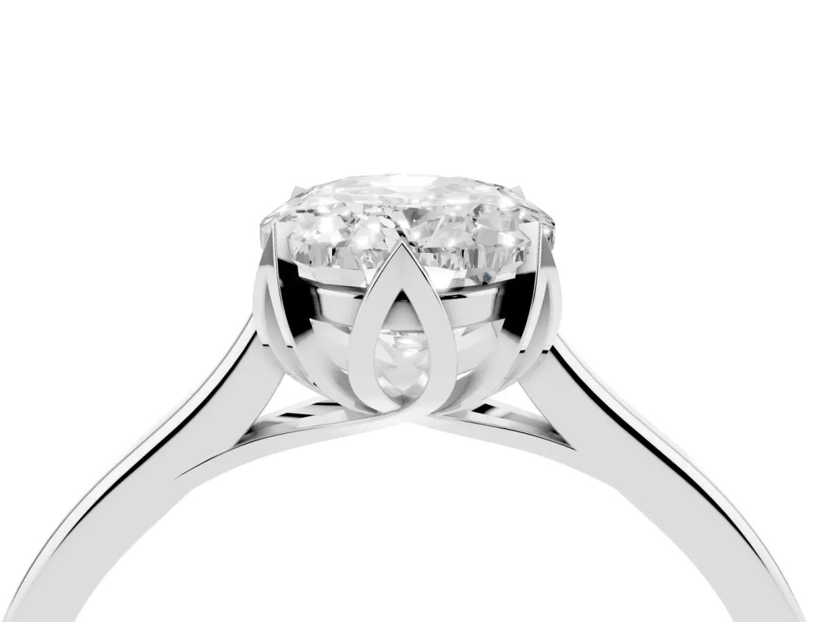 Oval Cut Diamond Solitaire Ring with Flower Prong Setting and Classic Band Silver