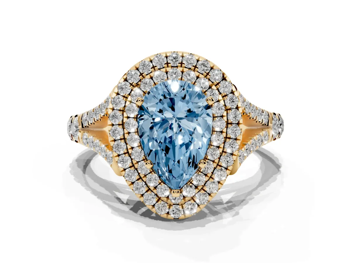 Fancy Blue Pear Cut Diamond Pavé Split Shank Double Halo Engagement Ring Yellow gold
