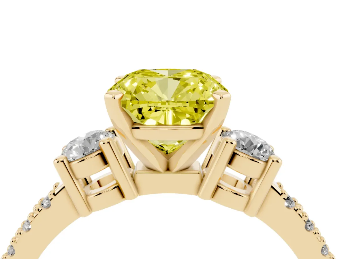 Fancy Yellow Cushion Cut Three-Stone Diamond Pavé Band with Prong Setting Yellow gold
