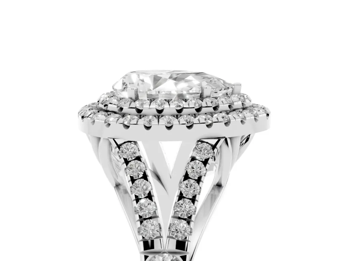Pear Cut Cut Double Halo Split Shank Diamond Ring with Prong Setting Silver