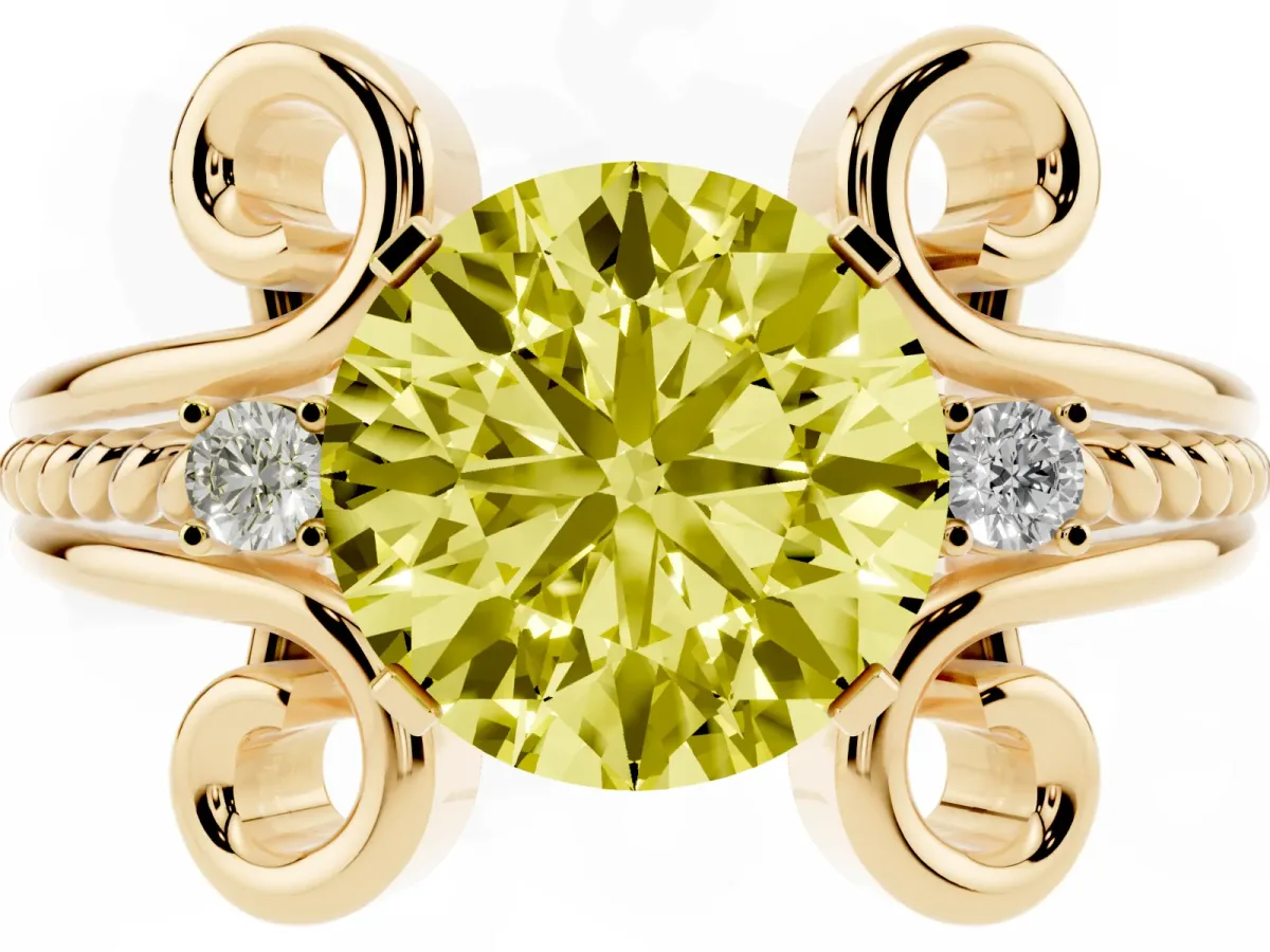 Fancy Yellow Round Cut Solitaire Twisted Band Scroll Prong Ring Yellow gold