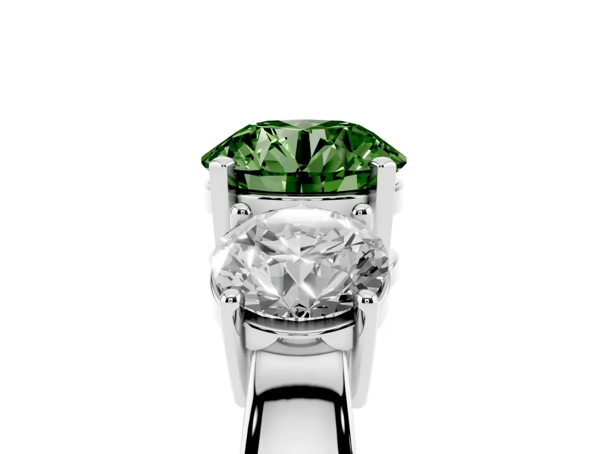Fancy Green Three-Stone Round Cut Diamond Ring with Round Side Stones, Classic Band, and Four-Prong Setting Silver