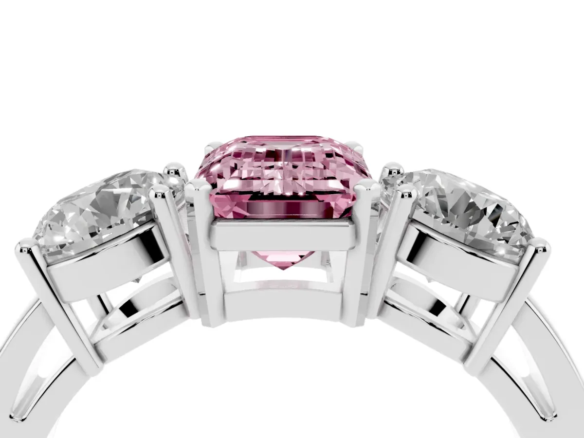 Fancy Pink Three-Stone Emerald Cut Diamond Ring with Round Side Stones, Classic Band, and Four-Prong Setting Silver