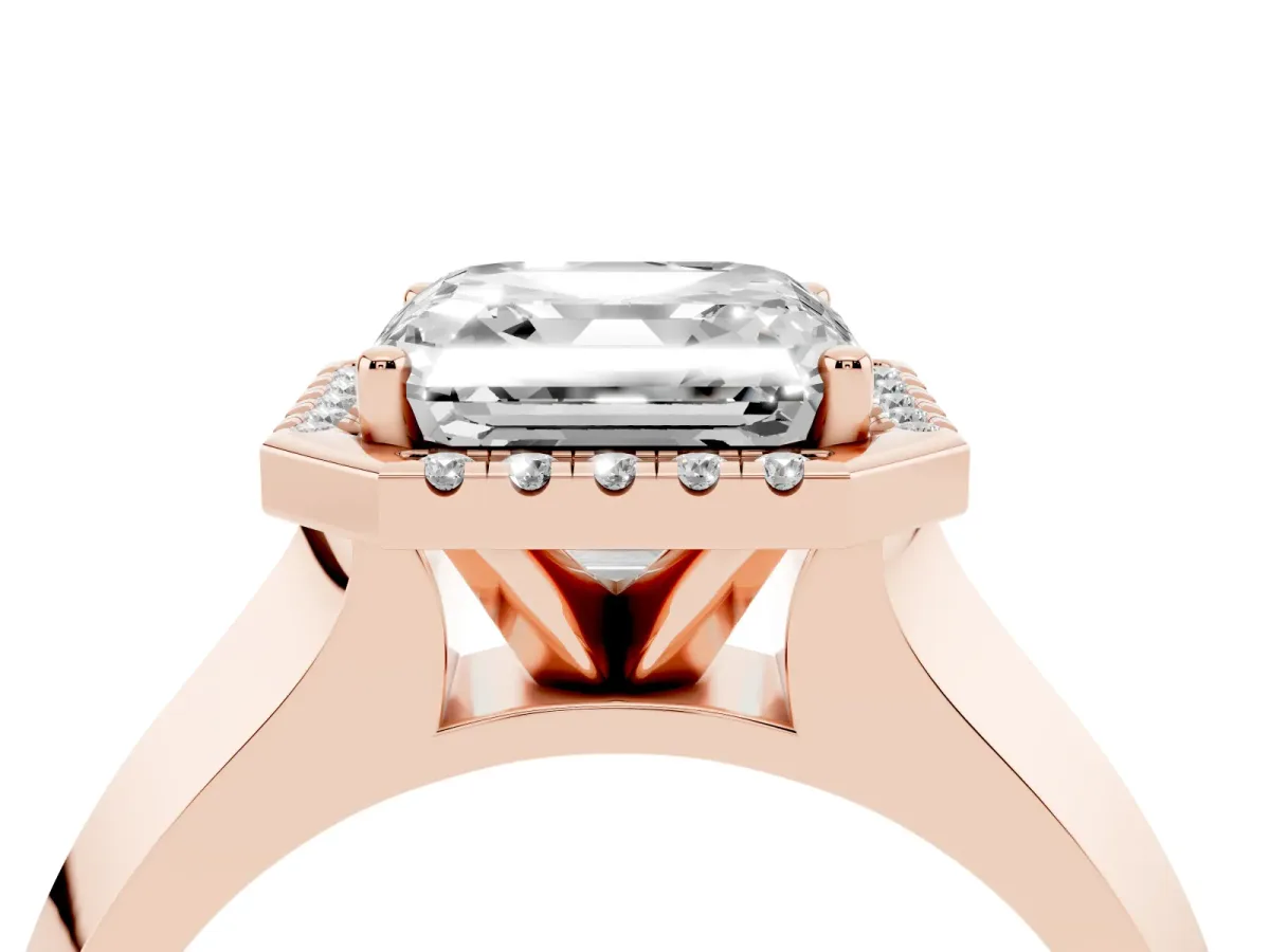 Asscher Cut Halo Diamond Ring with Cathedral Band and Four-Prong Setting Rose gold