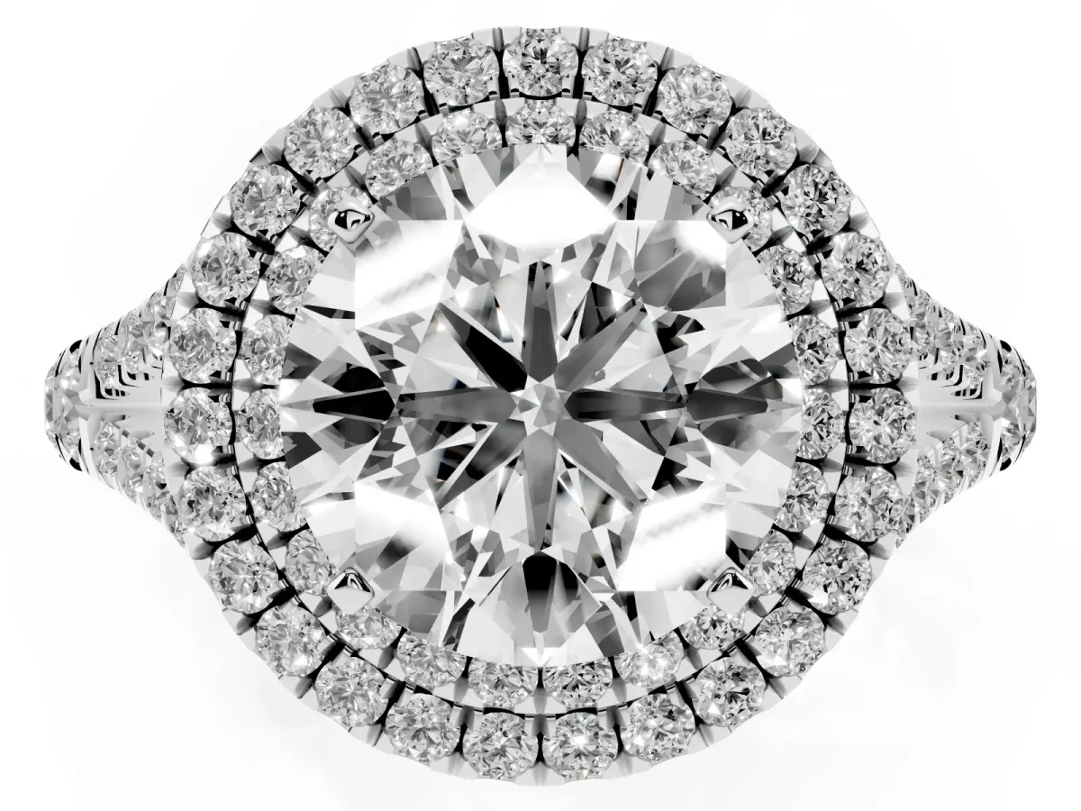 Round Cut Cut Double Halo Split Shank Diamond Ring with Prong Setting Silver