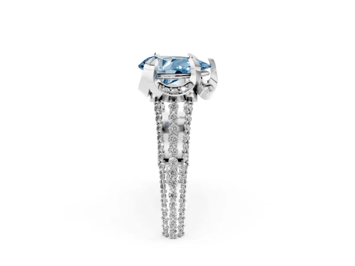 Fancy Blue Pear Cut Solitaire Pave Split Shank Ring with Four-Prong Setting White gold