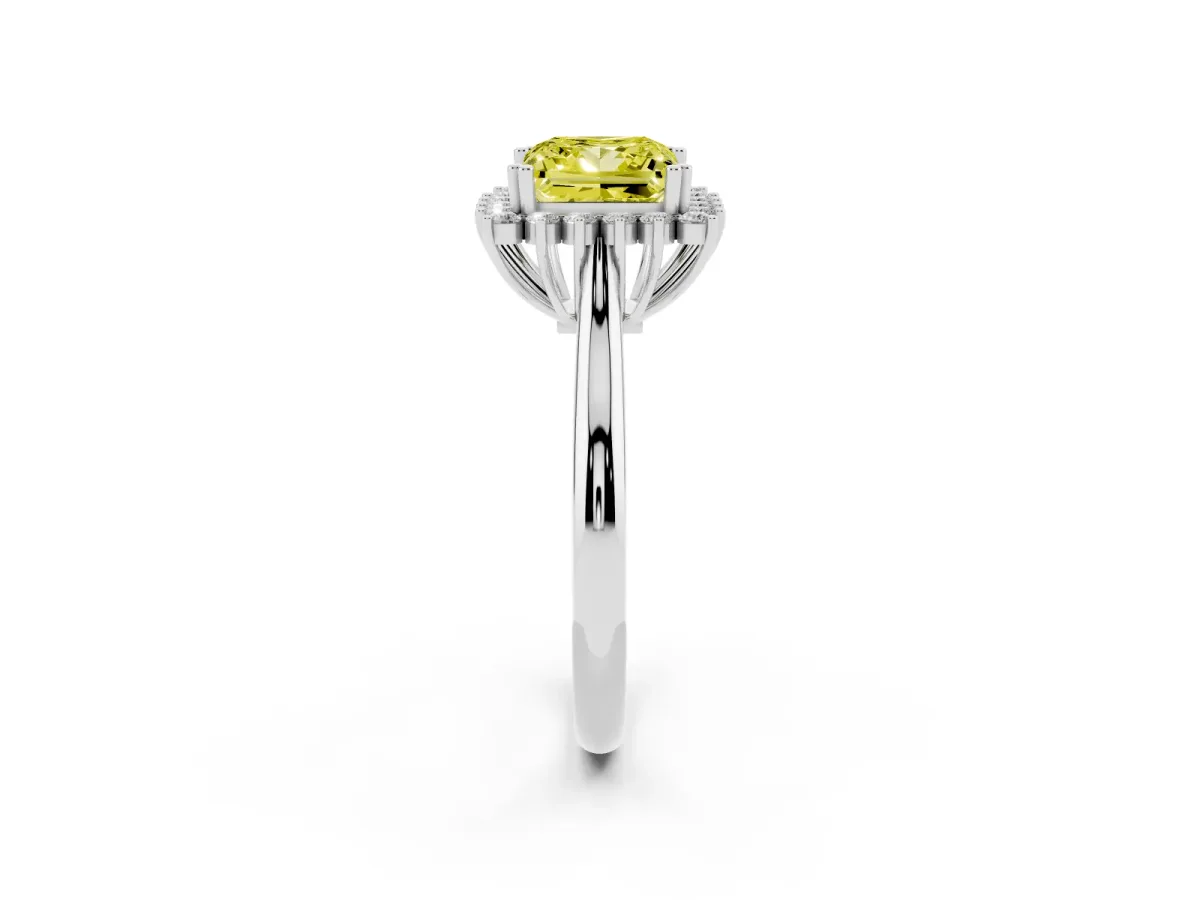 Fancy Yellow Princess Cut Cut Diamond Halo Ring with Solitaire Band and Prong Setting Silver