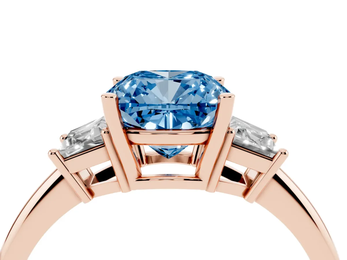 Fancy Blue Cushion Cut Diamond Three-Stone Ring with Trapezoid Side Stones and Prong Setting Rose gold